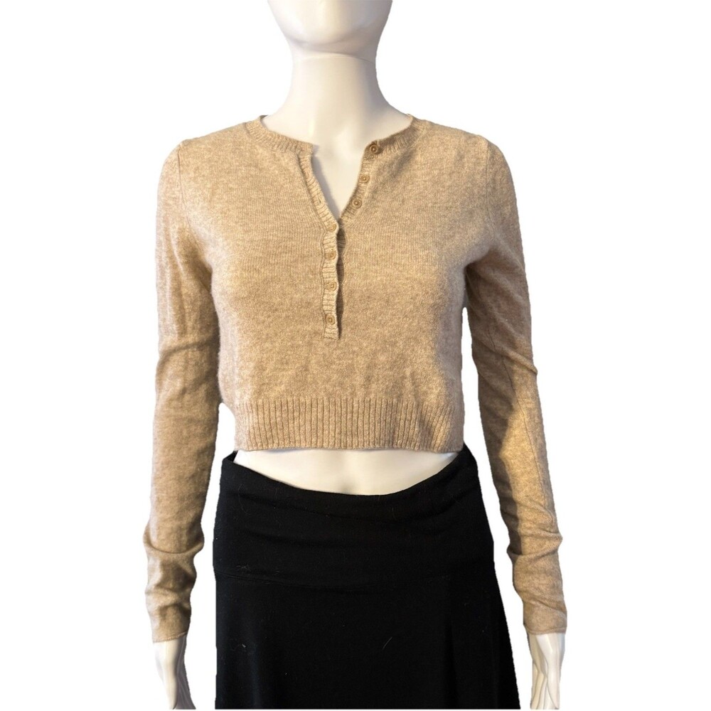 Reformation 100% Cashmere Cropped Henley Button Tan Oatmeal SZ S